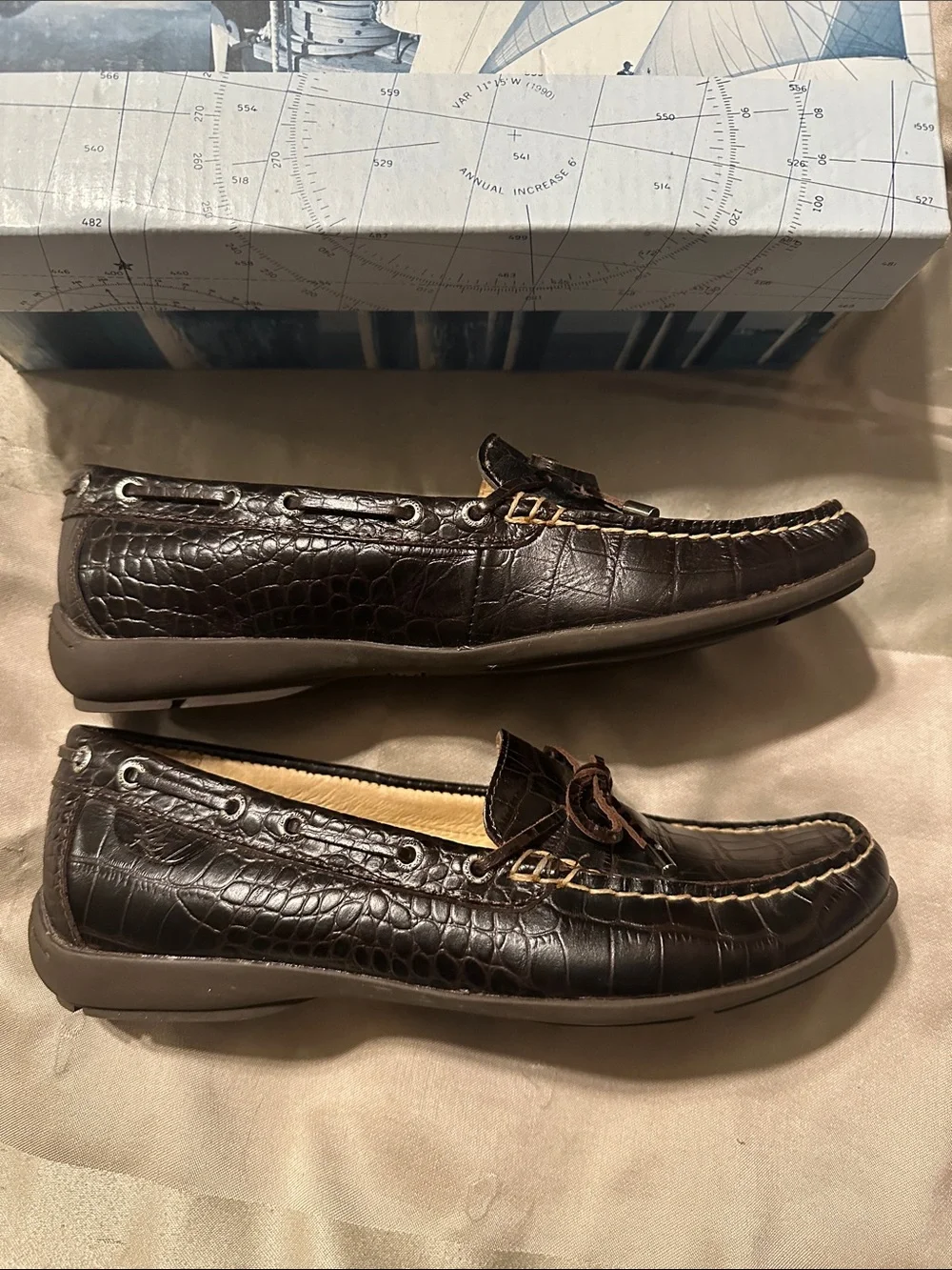 Women’s Sperry “Get Wet” Top Siders, Croc-Embossed Brown Leather Loafers